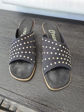 Onex Black Slide Mules with Gold Stud Accents Size 5